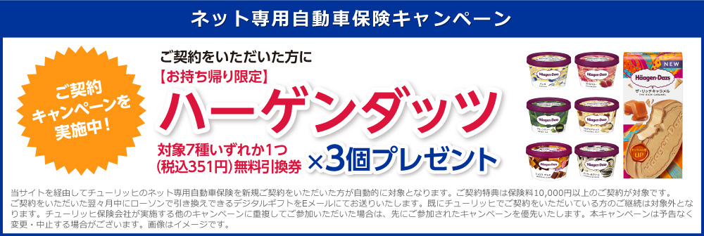 ネット専用自動車保険キャンペーン ご契約キャンペーンを実施中！ご契約いただいた方に【お持ち帰り限定】ハーゲンダッツ対象各種いずれか1つ　無料引換券3個プレゼント