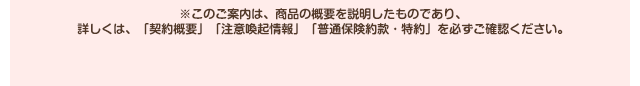 ※このご案内は、商品の概要を説明したものであり、詳しくは、「契約概要」「注意喚起情報」「普通保険約款・特約」を必ずご確認ください。