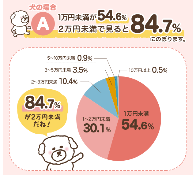 A 犬の場合 1万円未満が54.6% 2万円未満で見ると84.7%にのぼります。